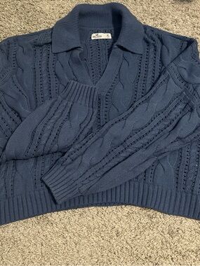 Hollister Dusty Blue Cable-Knit Polo Sweater